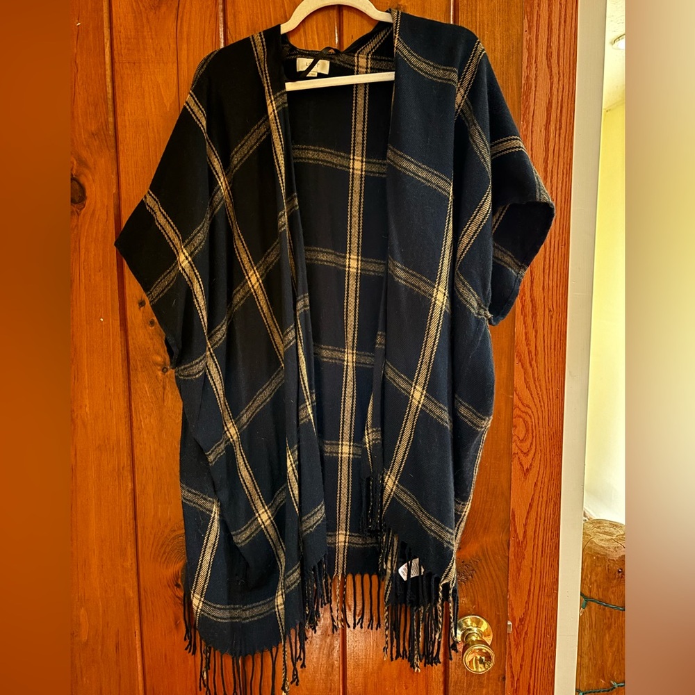 Navy and Tan Plaid Fringe Kimono